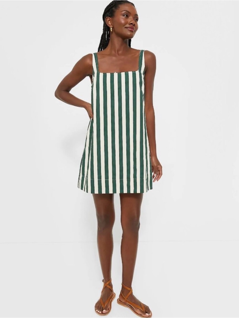 Pomander Place Green and White Striped Square-Neck Mini Dress
